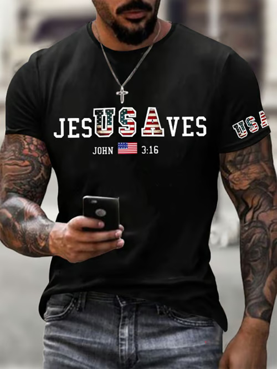 Men's USA Jesus Saves Printed Casual T-Shirt