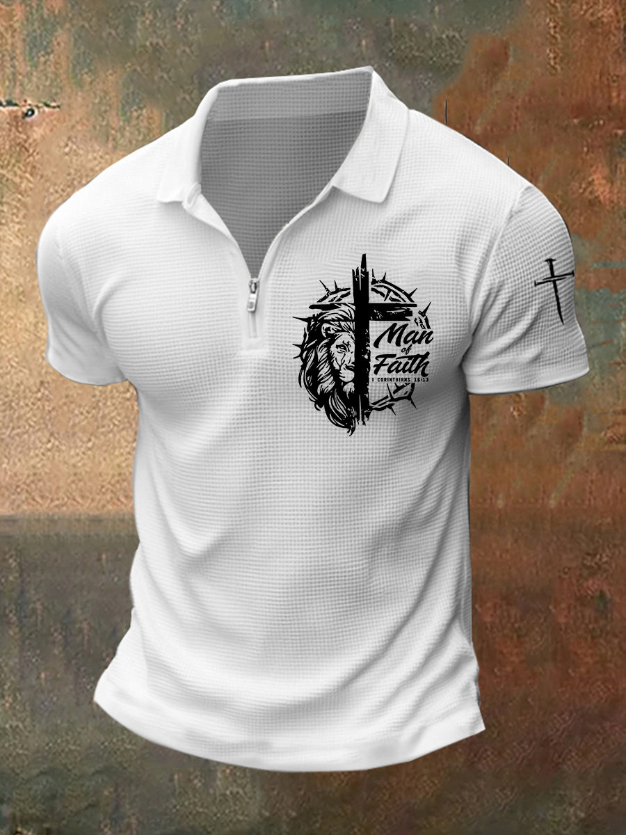 Man Faith Cross Man Of Faith Print Short Sleeve Zip Up Top