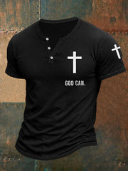 Men's God Can Christian Cross Faith Casual Buttons Tee