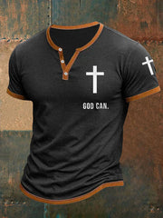 Men's God Can Christian Cross Faith Casual Buttons Tee