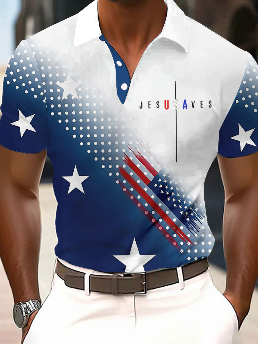 Men's Jesus Saves USA Printed Casual Button-Down Top