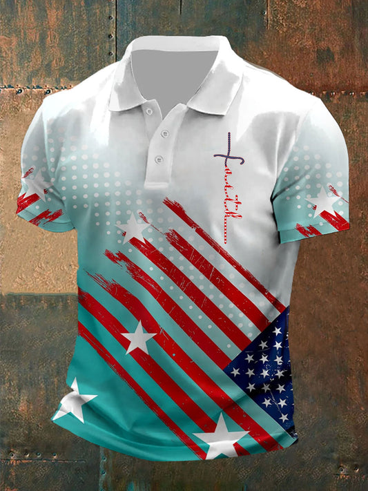Men's Faith Cross American Flag Printed Casual Polo Shirt