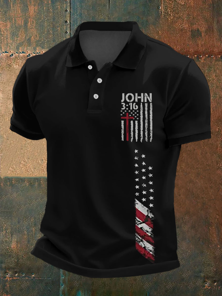 Men's Cross Faith American Flag Print Casual Polo