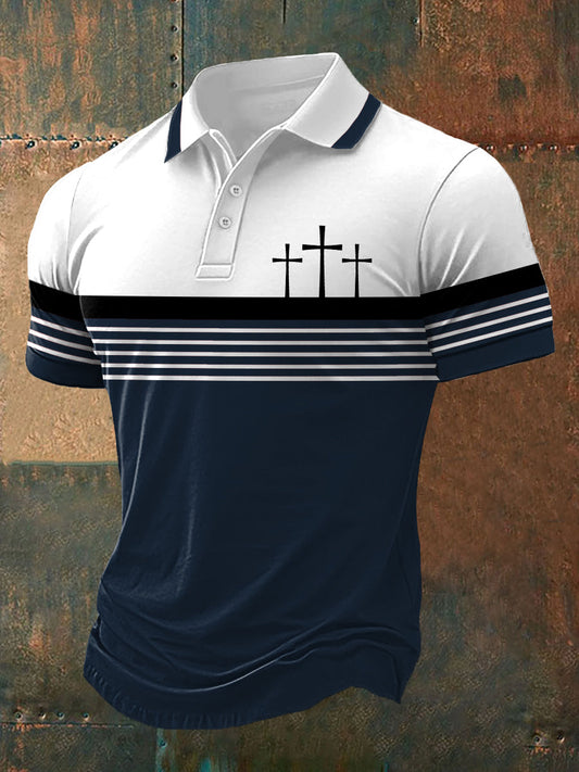 Men's Faith Cross Stripes Print Casual Polo