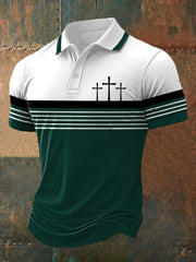 Men's Faith Cross Stripes Print Casual Polo