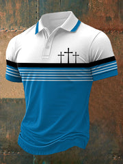 Men's Faith Cross Stripes Print Casual Polo