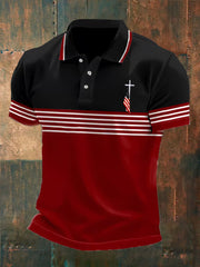 Men's Flag Cross Button Design Polo Shirt