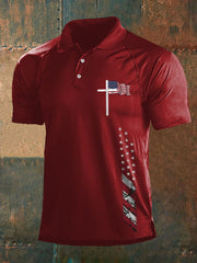 Men's Faith Cross American Flag Print Casual Polo