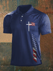 Men's Faith Cross American Flag Print Casual Polo