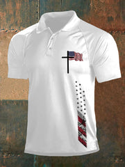 Men's Faith Cross American Flag Print Casual Polo