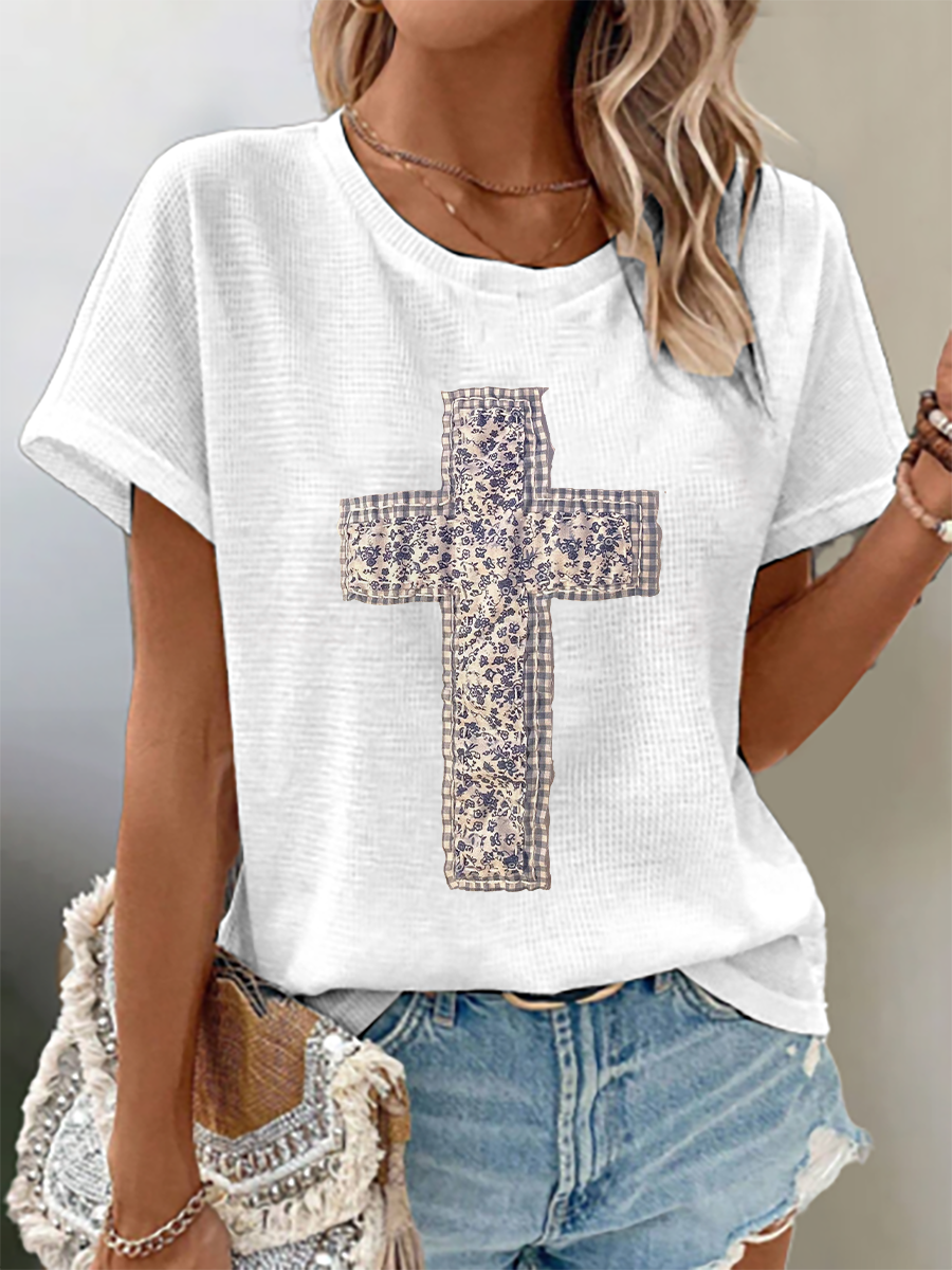 Women's Patchwork Cross Waffle Print Casual T-Shirt