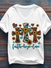 Women's Western Cross Faith Print Casual V-Neck Tee