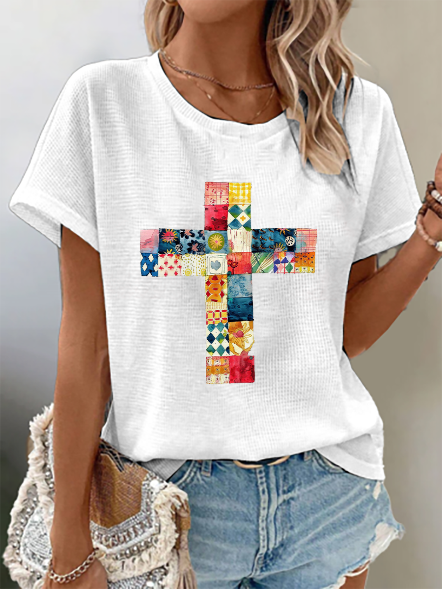Women's Patchwork Cross Waffle Print Casual T-Shirt