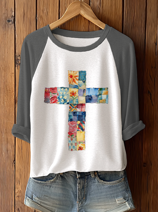 Women's Patchwork Art Cross Print Casual T-shirt