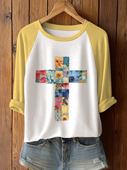 Women's Patchwork Art Cross Print Casual T-shirt