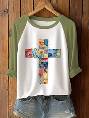 Women's Patchwork Art Cross Print Casual T-shirt