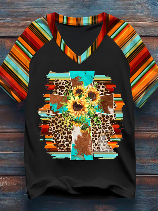 Women's Western Christian Cross Faith Print Casual V-Neck Tee