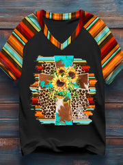 Women's Western Christian Cross Faith Print Casual V-Neck Tee