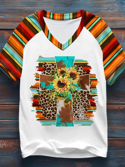 Women's Western Christian Cross Faith Print Casual V-Neck Tee