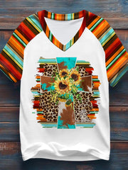 Women's Western Christian Cross Faith Print Casual V-Neck Tee