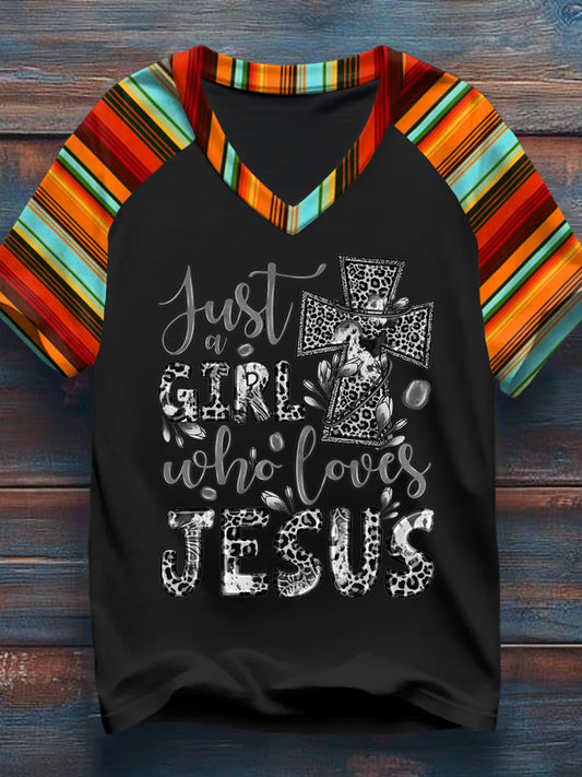 Women's Just A Girl Who Loves Jesus Western Christian Print Casual V-Neck Tee