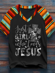 Women's Just A Girl Who Loves Jesus Western Christian Print Casual V-Neck Tee
