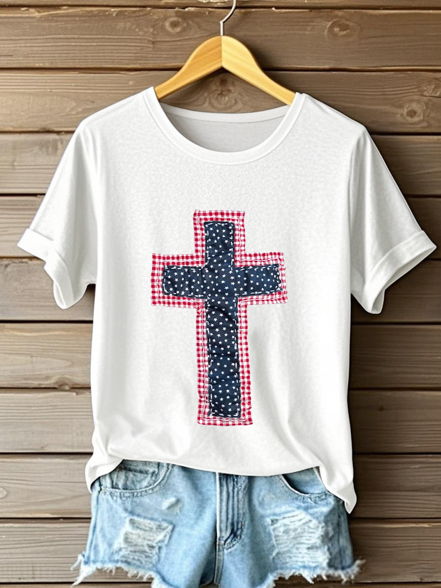 Women's Patchwork Art Cross Print Casual T-shirt