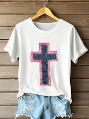 Women's Patchwork Art Cross Print Casual T-shirt