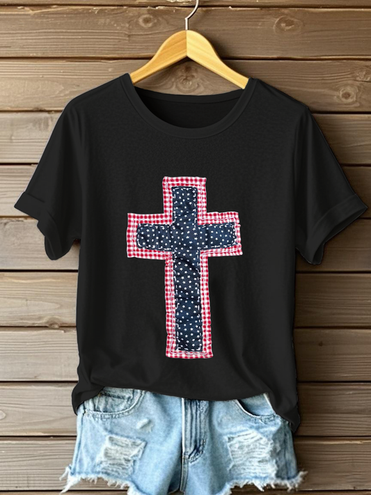 Women's Patchwork Art Cross Print Casual T-shirt