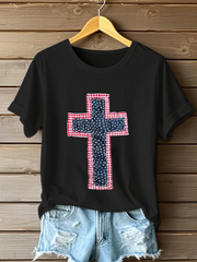 Women's Patchwork Art Cross Print Casual T-shirt