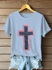 Women's Patchwork Art Cross Print Casual T-shirt