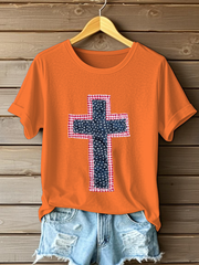 Women's Patchwork Art Cross Print Casual T-shirt