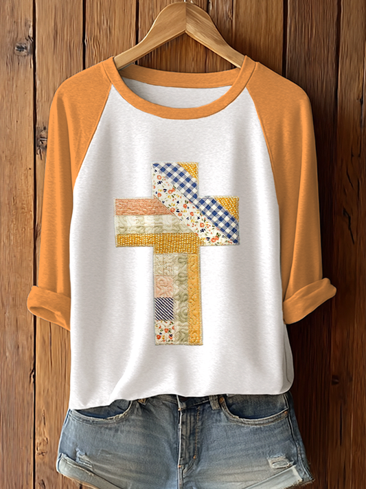 Women's Patchwork Art Cross Print Casual T-shirt