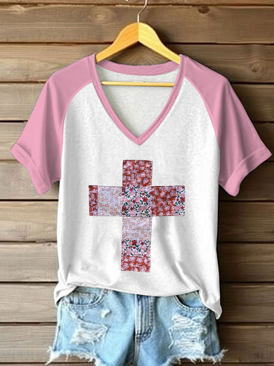 Women's Patchwork Art Cross Print Casual T-shirt