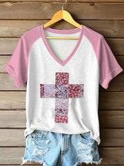 Women's Patchwork Art Cross Print Casual T-shirt
