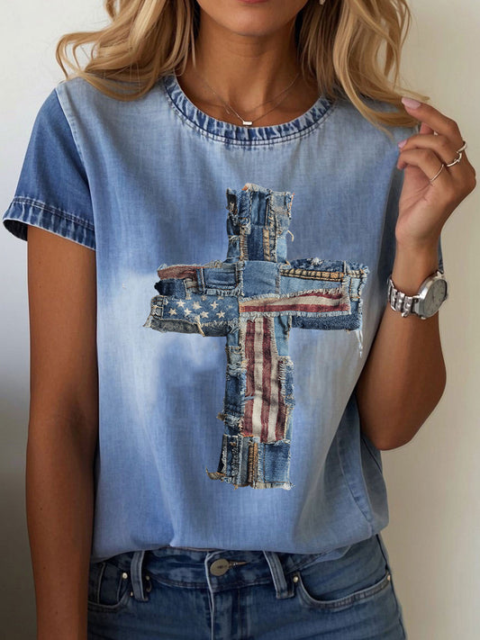 Women's Cross Printed Casual T-Shirt