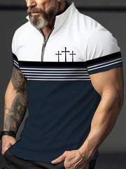 Men's Cross Faith Stripes Print Casual Zipper Top