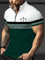 Men's Cross Faith Stripes Print Casual Zipper Top