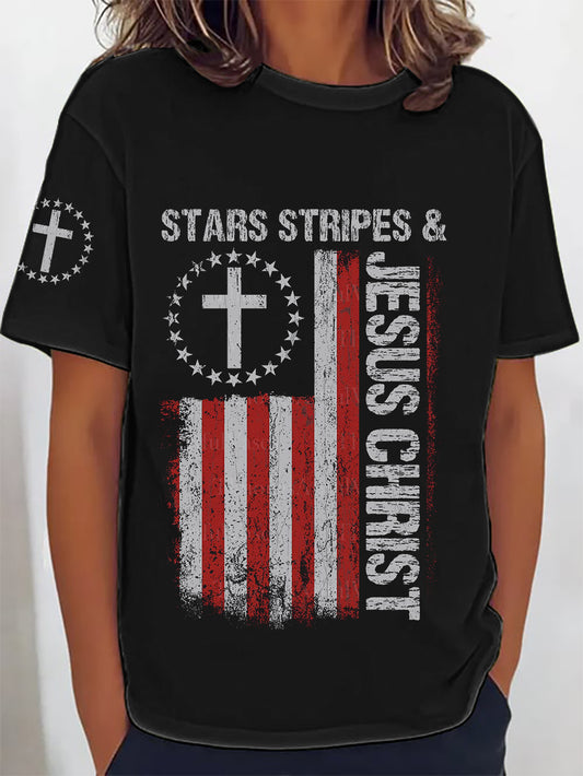Women's Stars Stripes Jesus Christ Short Sleeve T-Shirt