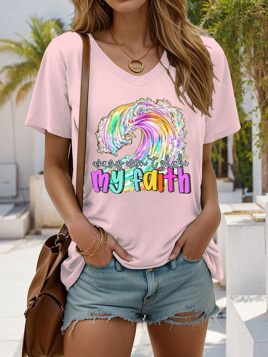 Women's Waves Won't Shake My Faith Printed Casual T-Shirt