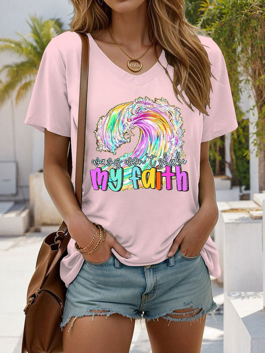 Women's Waves Won't Shake My Faith Printed Casual T-Shirt