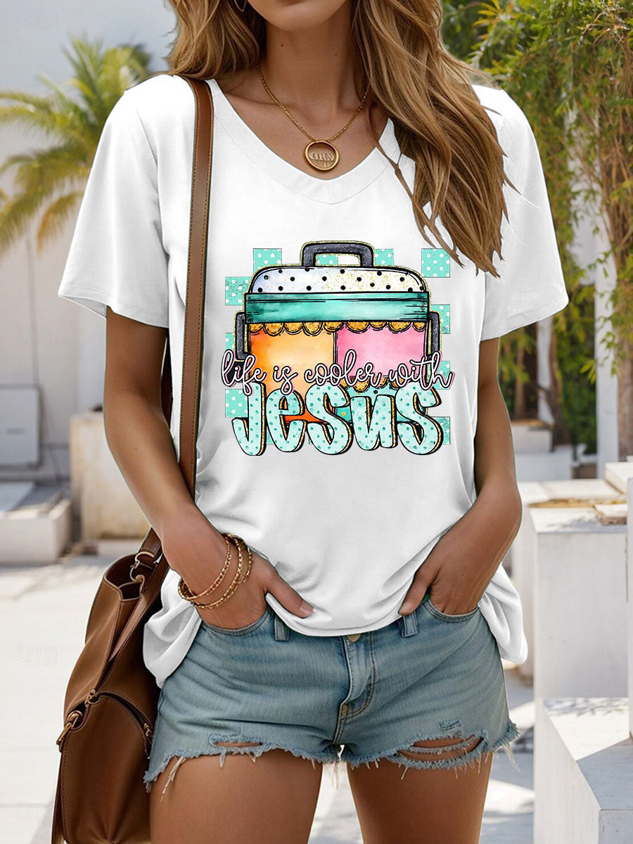 Women's Life Is Cooler With Jesus Printed Casual T-Shirt