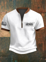 Men's Jesus It's No Religion It's A Relationship Print  Short Sleeve Zip-Up Top