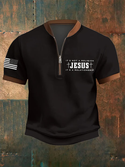 Men's Jesus It's No Religion It's A Relationship Print  Short Sleeve Zip-Up Top