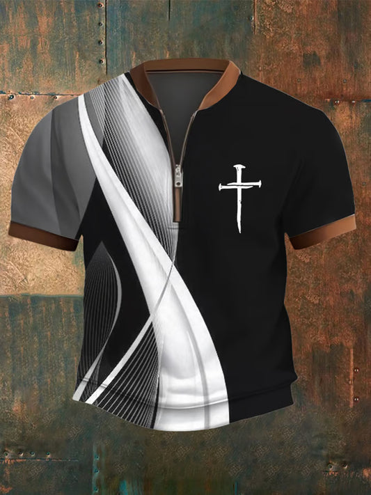 Men's Faith Cross Printed Zip-Up Short Sleeve Top