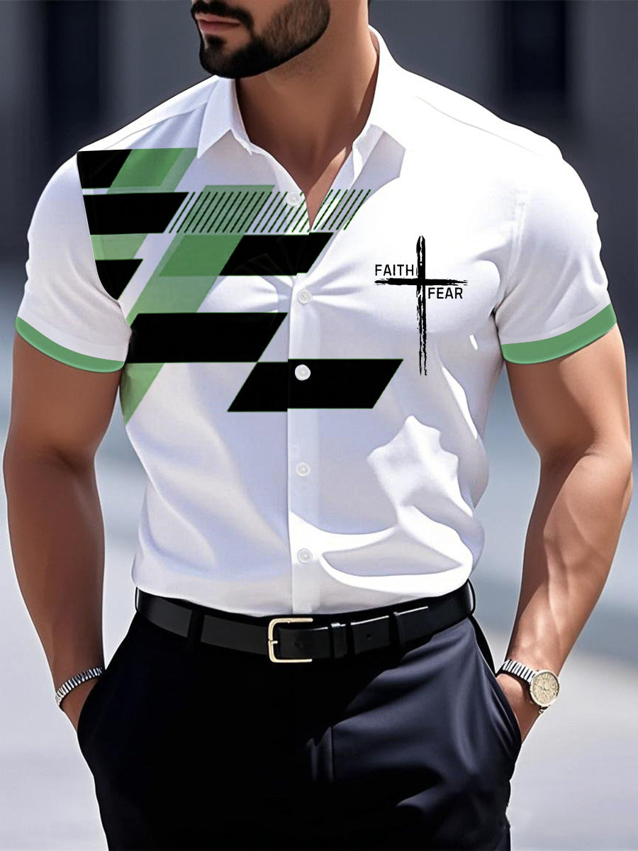 Men's Faith Over Fear Geometric Print Casual Short Sleeve Shirt