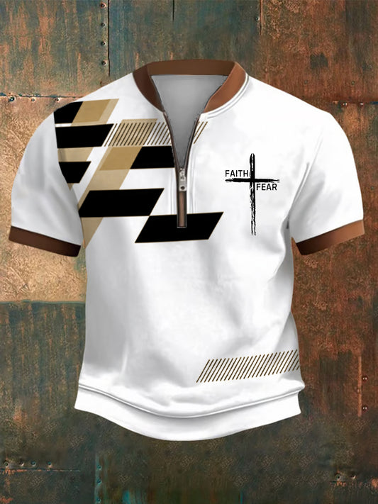 Men's Faith Over Fear Geometric Print Casual Zipper Top