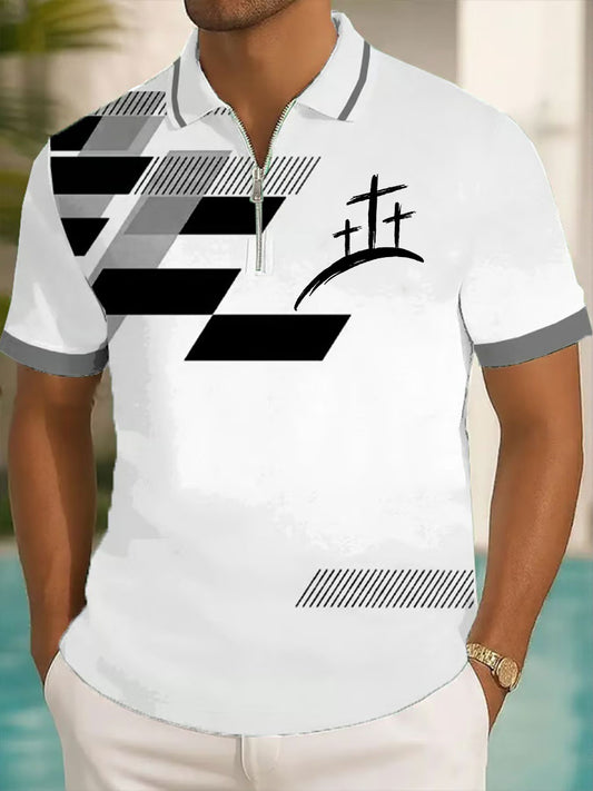 Men's Faith Cross Printed Casual Zip-Up Top