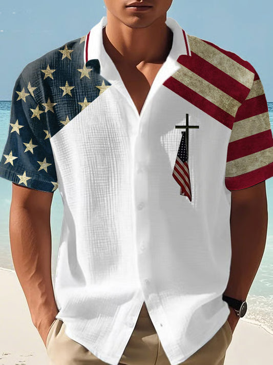 Men's Casual Vintage American Flag Cross Waffle Short Sleeve Shirt