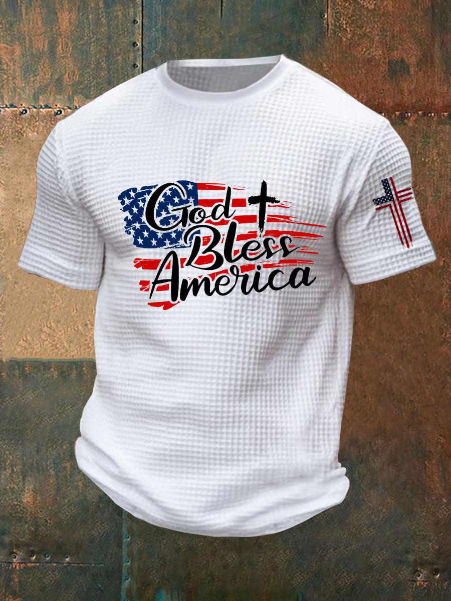 Men's God Bless America Cross  Waffle  Short SleeveT-shirt
